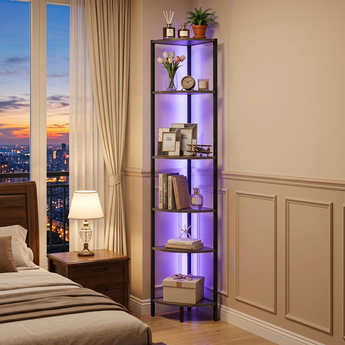 6-Tier Corner Shelf 68 inch Tall Narrow Display Bookshelf with LED Lights-Rustic Brown