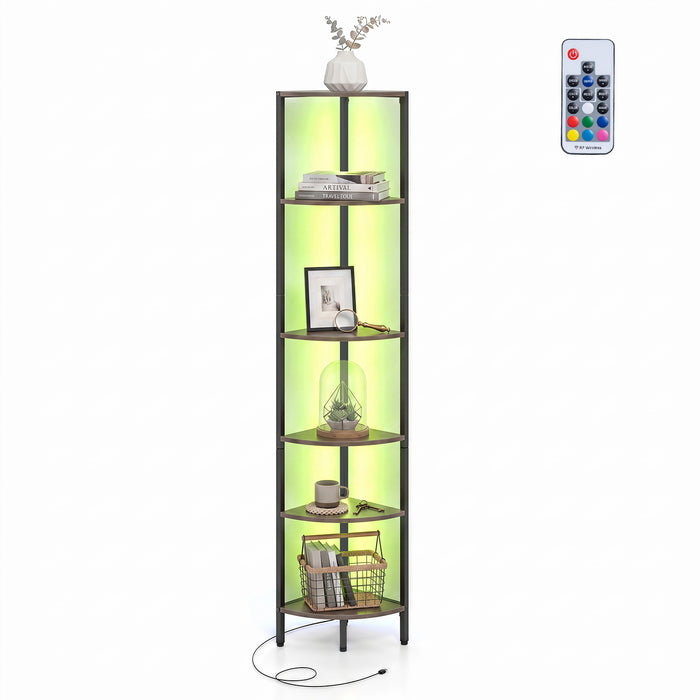 6-Tier Corner Shelf 68 inch Tall Narrow Display Bookshelf with LED Lights-Rustic Brown