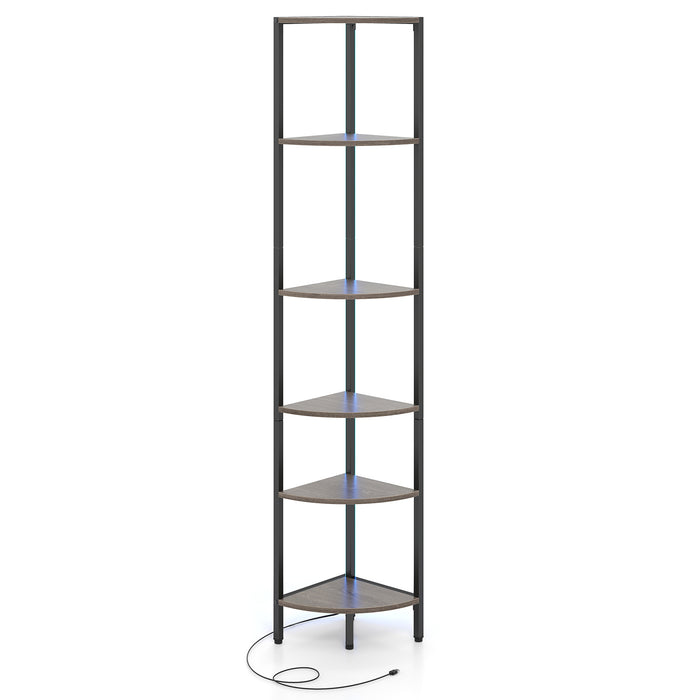 6-Tier Corner Shelf 68 inch Tall Narrow Display Bookshelf with LED Lights-Rustic Brown