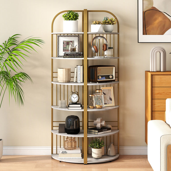 6-Tier Corner Shelf Tall Freestanding Corner Bookshelf with Heavy-duty Metal Frame-Brown