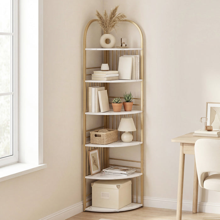 6-Tier Corner Shelf Tall Freestanding Corner Bookshelf with Heavy-duty Metal Frame-Brown