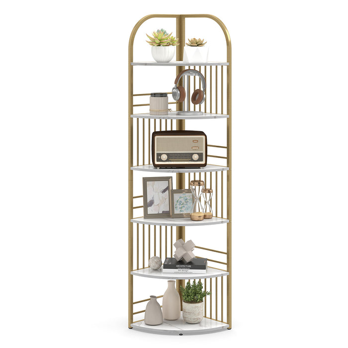 6-Tier Corner Shelf Tall Freestanding Corner Bookshelf with Heavy-duty Metal Frame-Brown