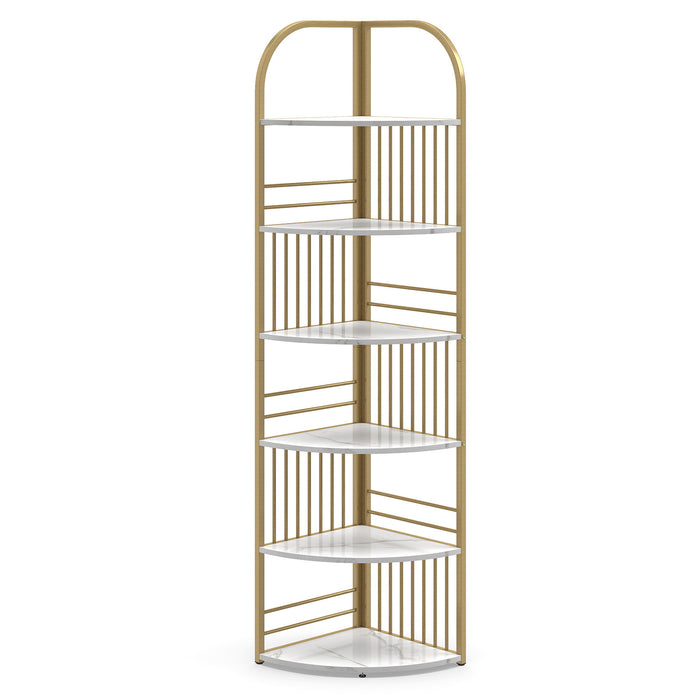 6-Tier Corner Shelf Tall Freestanding Corner Bookshelf with Heavy-duty Metal Frame-Brown
