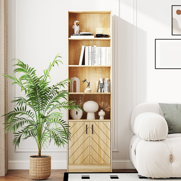 6-Tier 180cm Tall Bookshelf with Double Doors Open Cubes-Oak