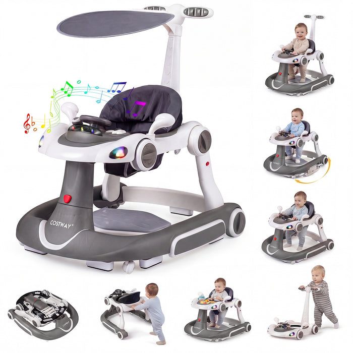 6-in-1 Baby Walker Toddler Push Car with Canopy and Wheels-