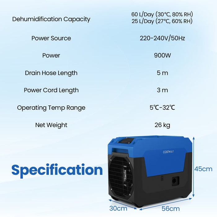 60L/Day Commercial Dehumidifier with Pump Portable Industrial Dehumidifier-