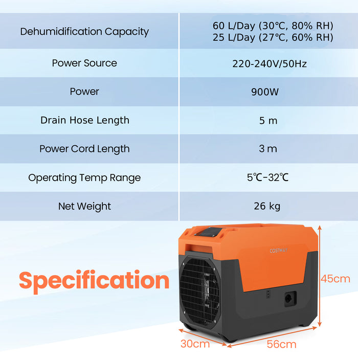60L/Day Commercial Dehumidifier with Pump Portable Industrial Dehumidifier-