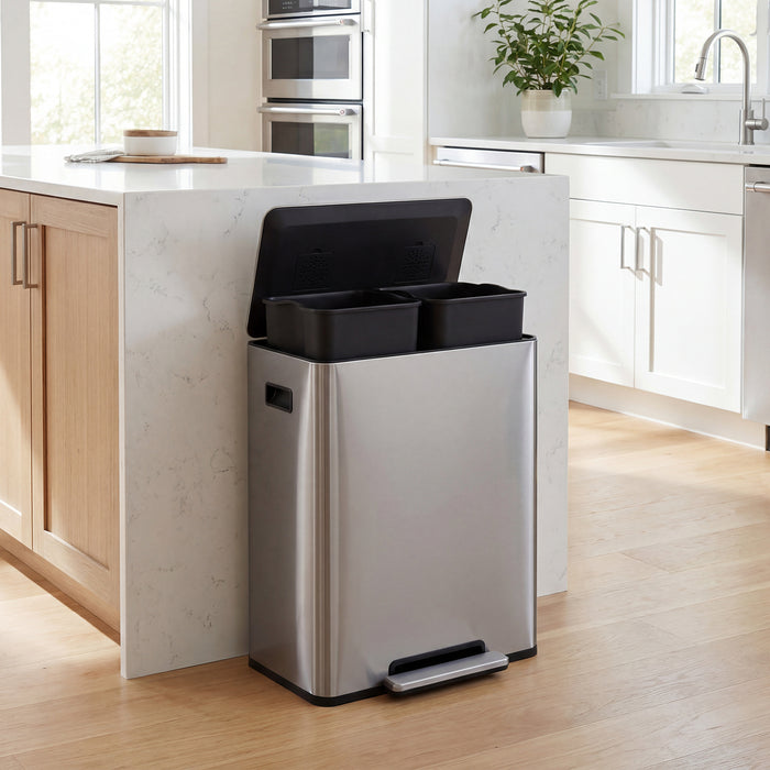 60L Trash Can Stainless Steel Garbage Can with 2 Removable Inner Buckets-