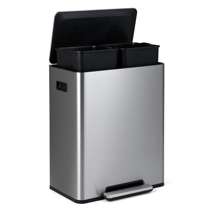 60L Trash Can Stainless Steel Garbage Can with 2 Removable Inner Buckets-