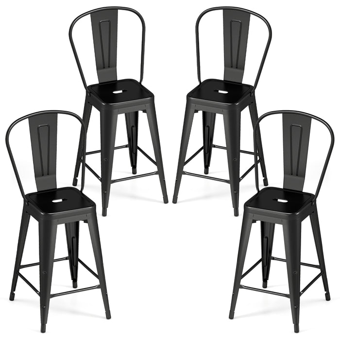 62 cm Metal Bar Stools Set of 4 with Backrests and Footrests-Black