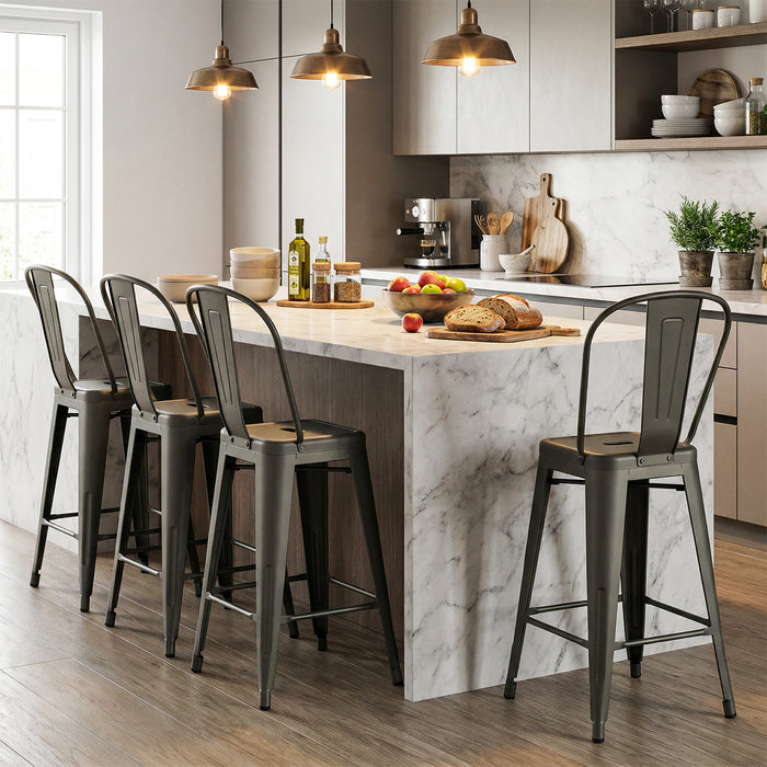 62 cm Metal Bar Stools Set of 4 with Backrests and Footrests-Black