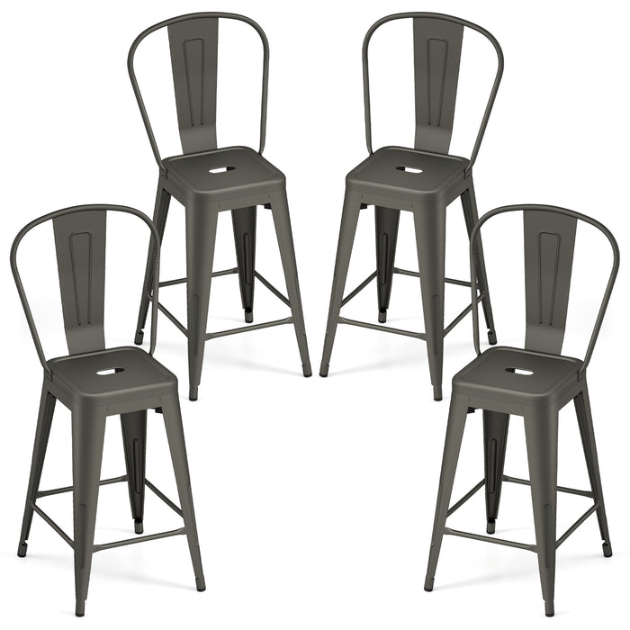 62 cm Metal Bar Stools Set of 4 with Backrests and Footrests-Black