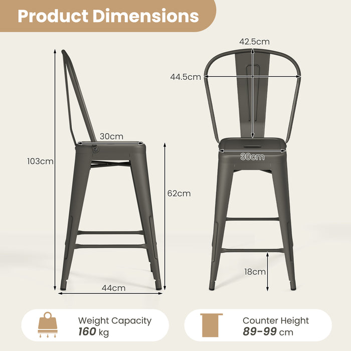 62 cm Metal Bar Stools Set of 4 with Backrests and Footrests-Black