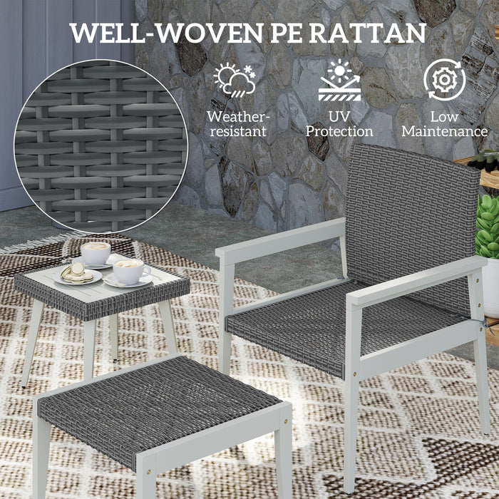Outsunny 5 Pieces Rattan Garden Furniture Set, Patio Conversation Set with Cushions, Acacia Wood Top Coffee Table and Footstools, Outdoor Table and Chairs for Balcony, Terrace and Conservatory, Grey
