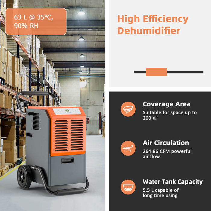 Commercial Dehumidifier 63L - With 24H Timer and Auto Defrost Feature - Ideal for Large Spaces Needing Moisture Control