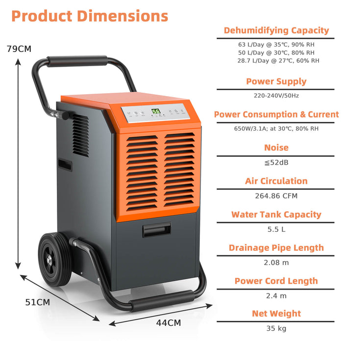 Commercial Dehumidifier 63L - With 24H Timer and Auto Defrost Feature - Ideal for Large Spaces Needing Moisture Control