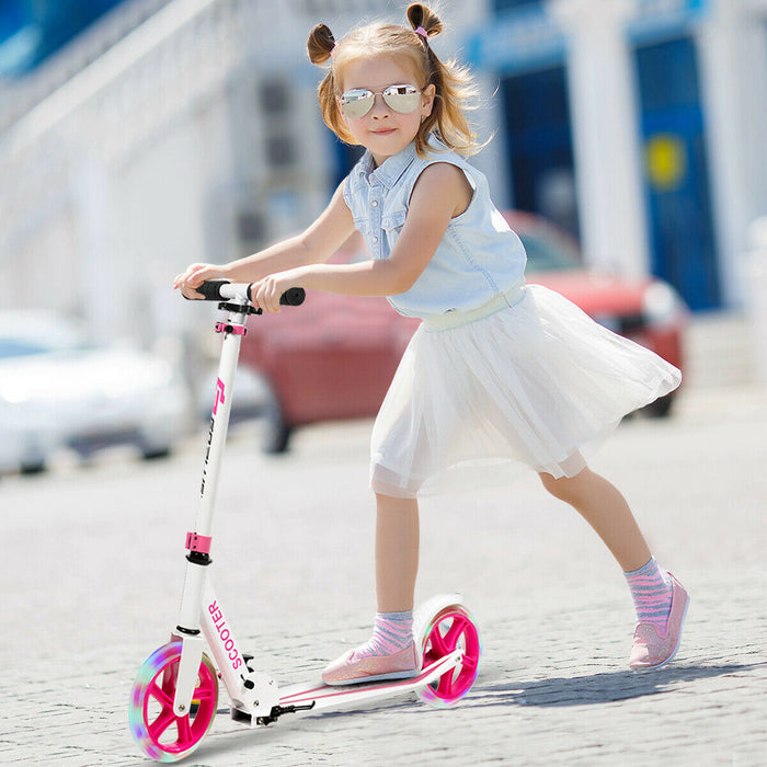 Kick Scooter-Foldable, Adjustable, 2 Large Wheels, LED Lights-Suitable for Children, Color Pink
