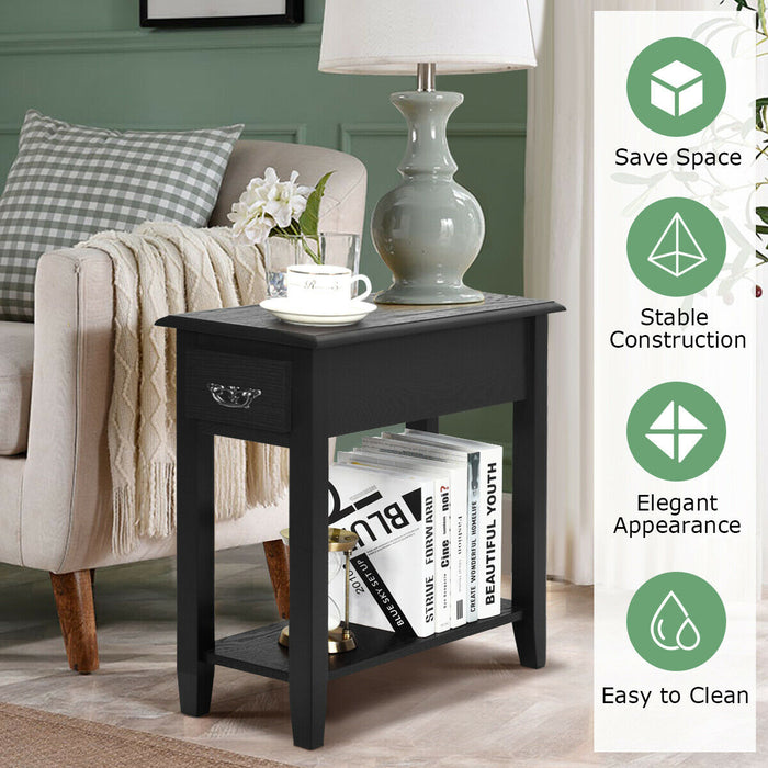 2-Tier Bedside Table with Drawer and Storage Shelf-White