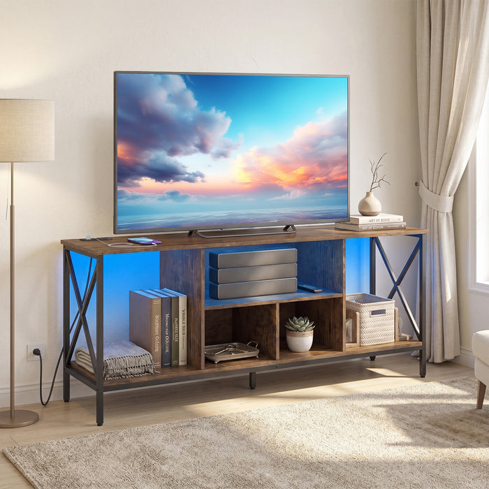 65 Inch TV Stand with LED Lights & Open Storage Shelves for Living Room Bedroom-Black