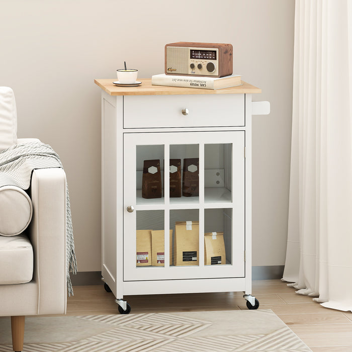 65 CM Kitchen Island Cart Rolling Kitchen Cabinet with Rubber Wood Tabletop-