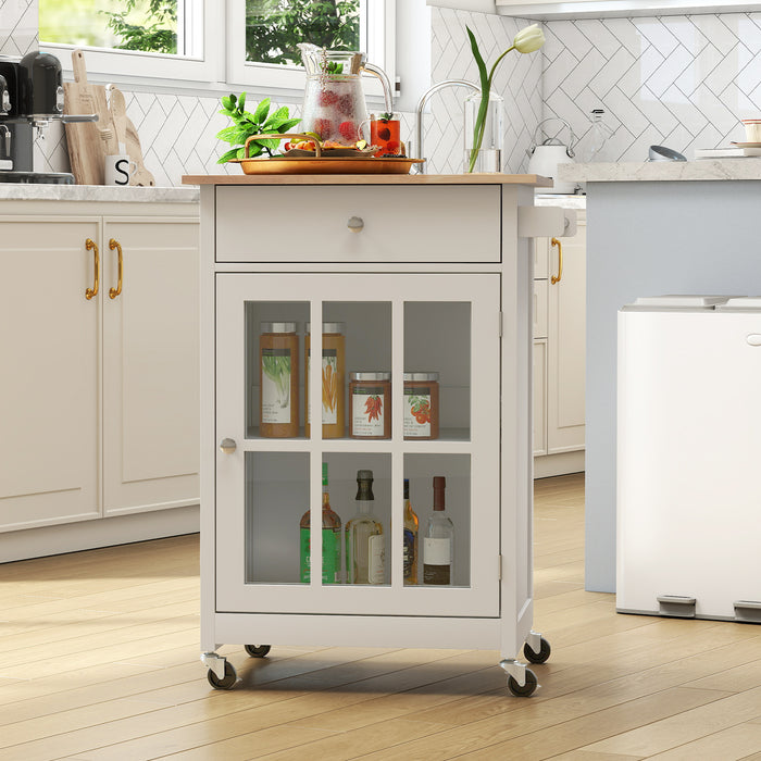 65 CM Kitchen Island Cart Rolling Kitchen Cabinet with Rubber Wood Tabletop-