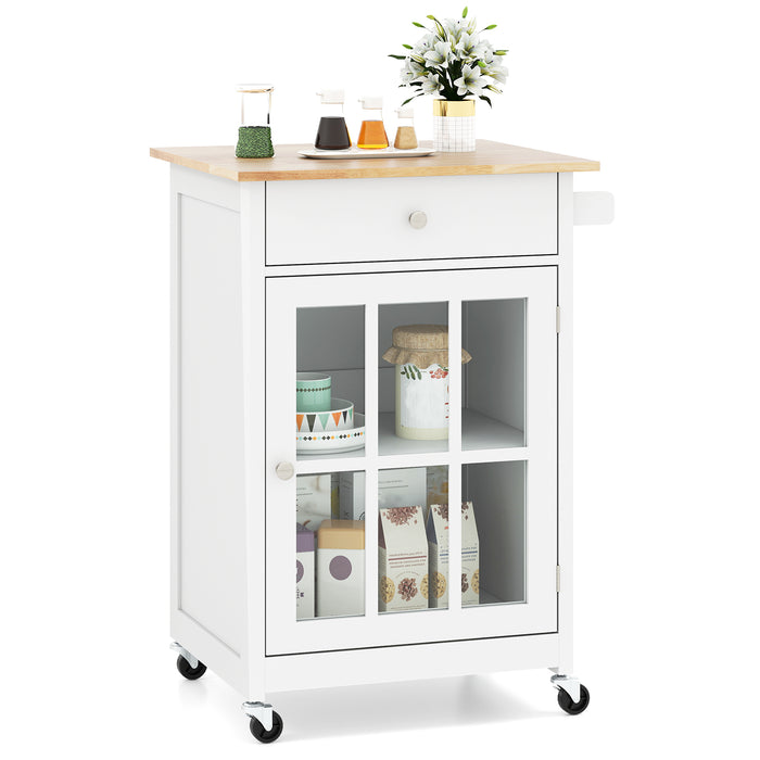 65 CM Kitchen Island Cart Rolling Kitchen Cabinet with Rubber Wood Tabletop-