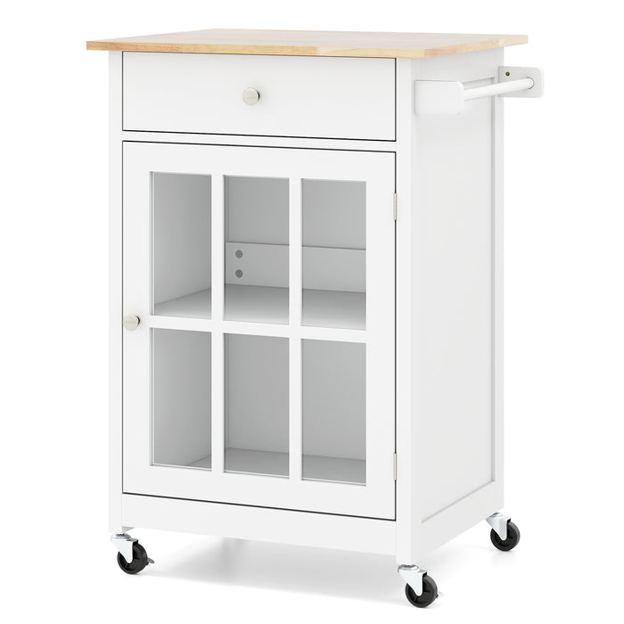 65 CM Kitchen Island Cart Rolling Kitchen Cabinet with Rubber Wood Tabletop-