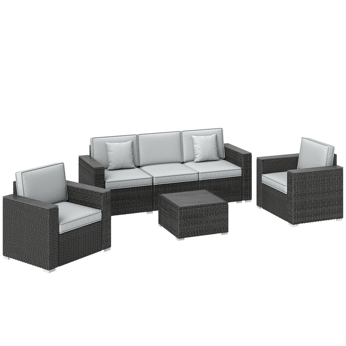 Outsunny 5 Seater Rattan Garden Furniture Set with Wide Armrests, Cushions, Pillows for Patio, Dark Grey