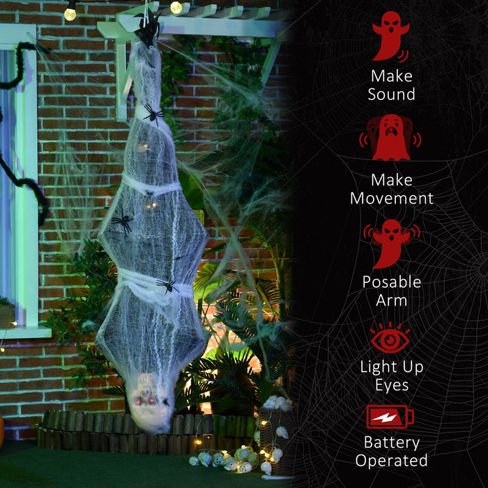 HOMCOM 4.7ft Life Size Outdoor Halloween Decoration Hanging Mummy with Spider Web, Animated Prop Decor with Sound and Motion Activated, Light Up Eyes, Howling Sound, Posable Arms, Moving Body