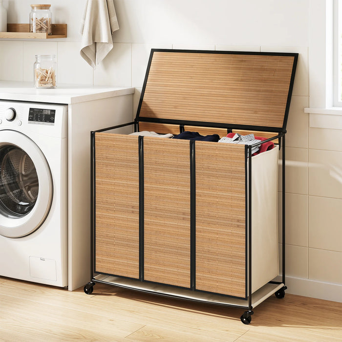 66CM Tall Rolling Laundry Hamper with 3 Sections and Lid and Lockable Wheels-Natural