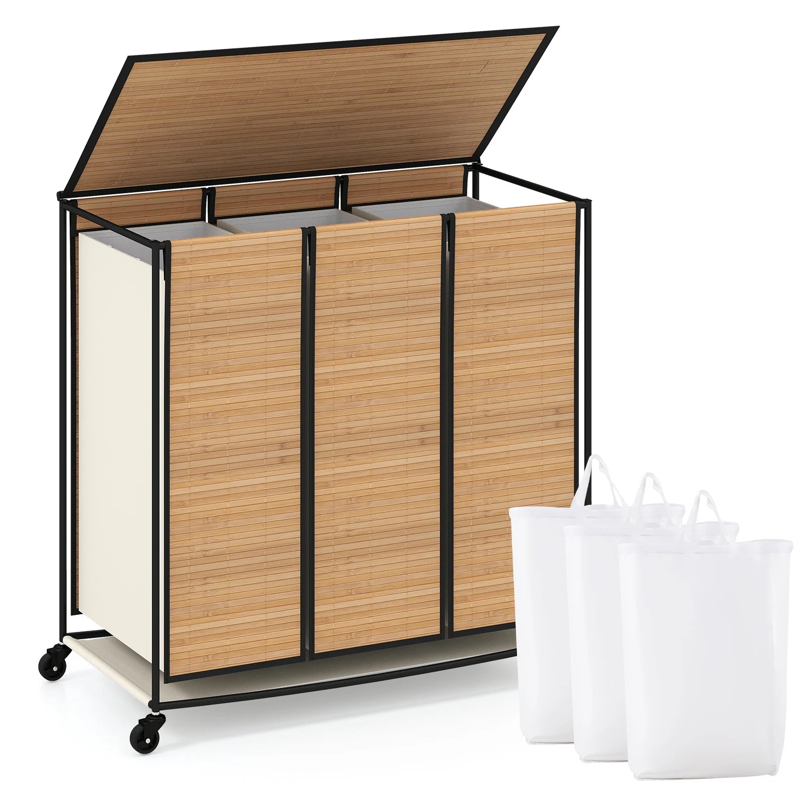 66CM Tall Rolling Laundry Hamper with 3 Sections and Lid and Lockable Wheels-Natural