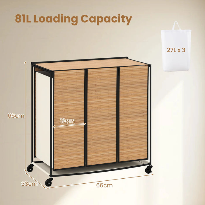 66CM Tall Rolling Laundry Hamper with 3 Sections and Lid and Lockable Wheels-Natural