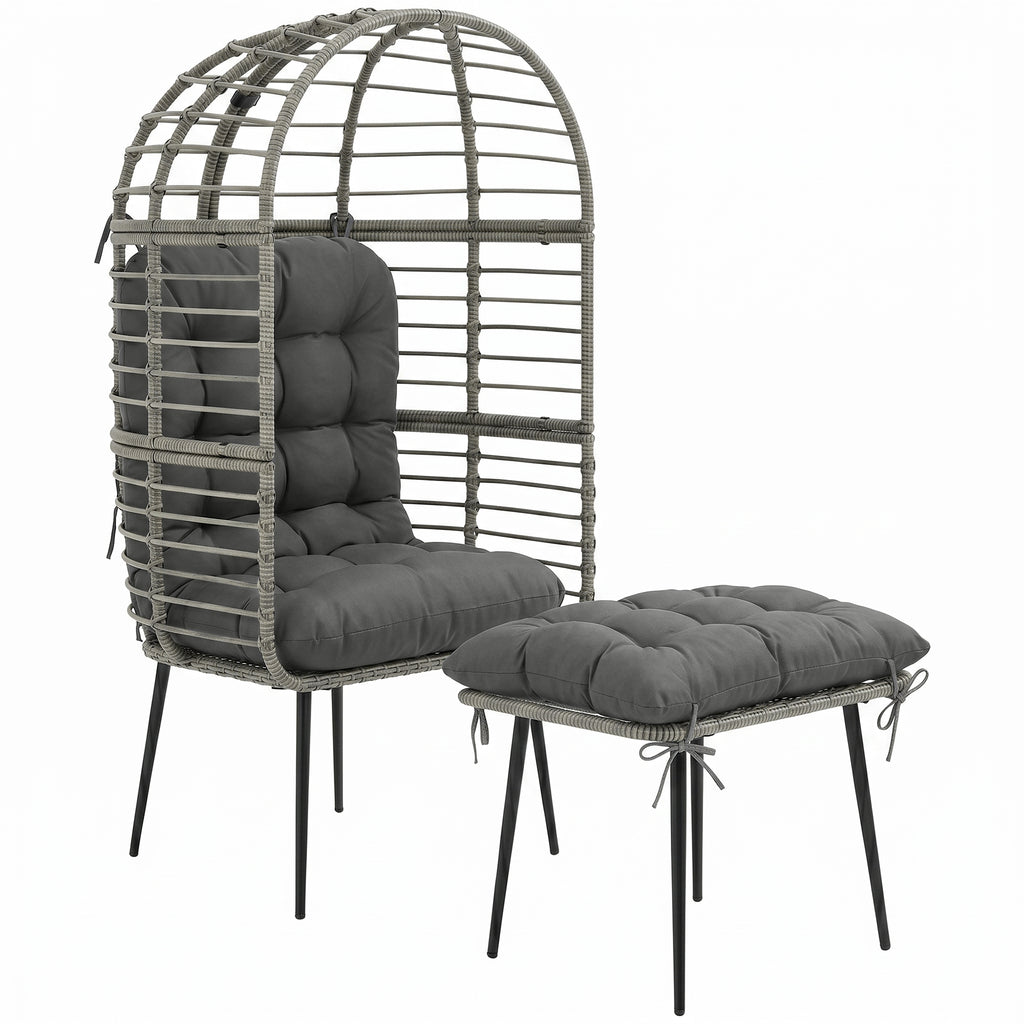 Outsunny Garden Egg Chair with Footstool, Rattan Indoor Outdoor Lounge Chair and Ottoman Set with Thick Cushions, Light Grey