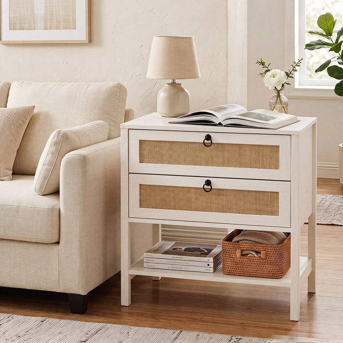 68 cm Wide Boho Rattan Nightstand with 2 Drawers and Open Storage Shelf-