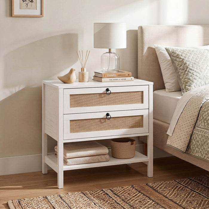 68 cm Wide Boho Rattan Nightstand with 2 Drawers and Open Storage Shelf-