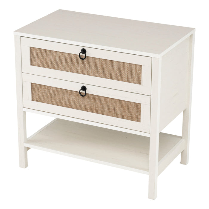 68 cm Wide Boho Rattan Nightstand with 2 Drawers and Open Storage Shelf-