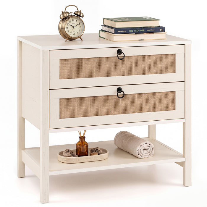 68 cm Wide Boho Rattan Nightstand with 2 Drawers and Open Storage Shelf-
