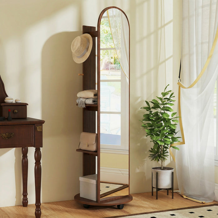 HOMCOM 2-in-1 Full Length Mirror with Storage Shelves, Floor Mirror with 4 Wheels, Coat Rack, Hooks, Brown Wood Effect