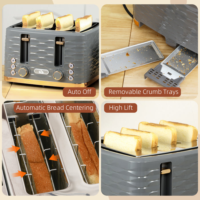 HOMCOM 4 Slice Toaster with 7 Browning Levels, High Lift, Reheat/Defrost/Cancel, Self-centring Function, Removable Crumb Tray, Auto Off, 1600W, Grey Water Ripple Texture