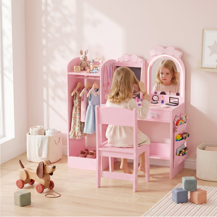 AIYAPLAY Kids Dressing Table, 3-in-1 Girls Vanity Set with Stool, 2-Colour Lights Mirror, Clothes Rack for Ages 3-8, Pink