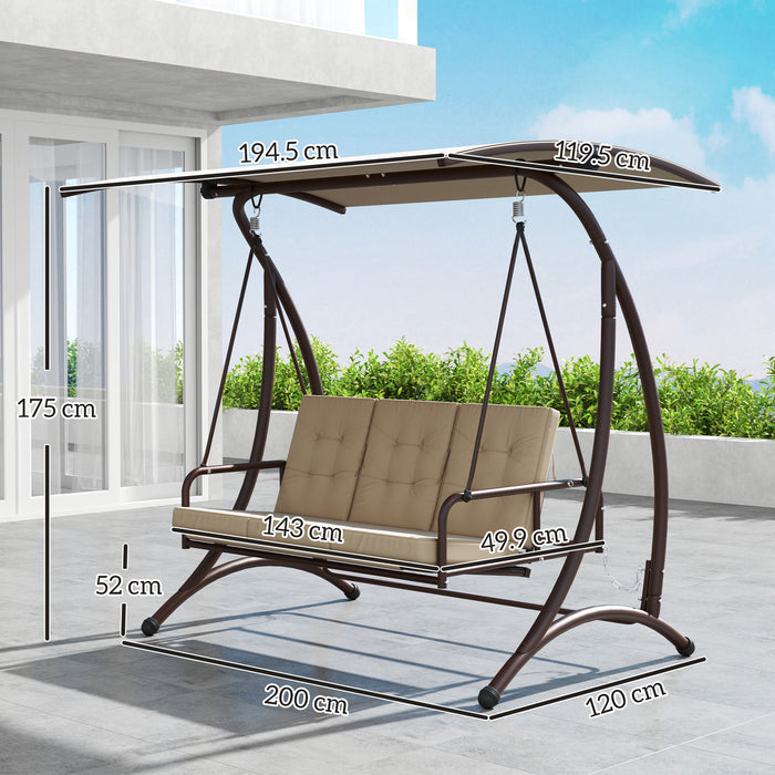Outsunny 3 Seater Garden Swing Seat Bed, Convertible Swing Chair Bench with UPF30+ Adjustable Canopy, Cushioned Seat and Weather Resistant Steel Frame, Khaki
