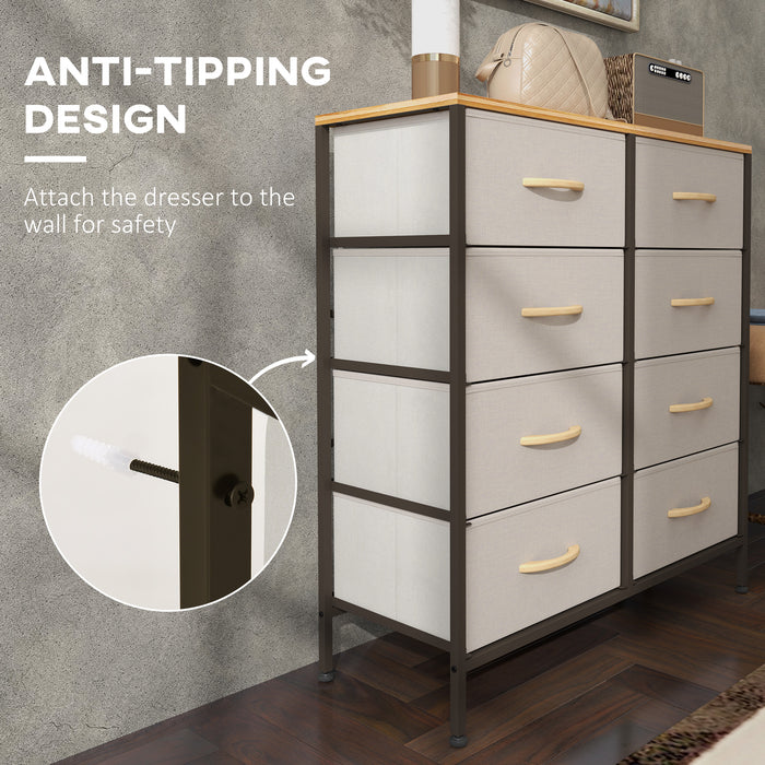 HOMCOM Fabric Chest of Drawers, Industrial Storage Bedroom Dresser with 8 Fabric Drawers, Steel Frame and Wooden Top for Nursery, Living Room, Hallway, Cream White