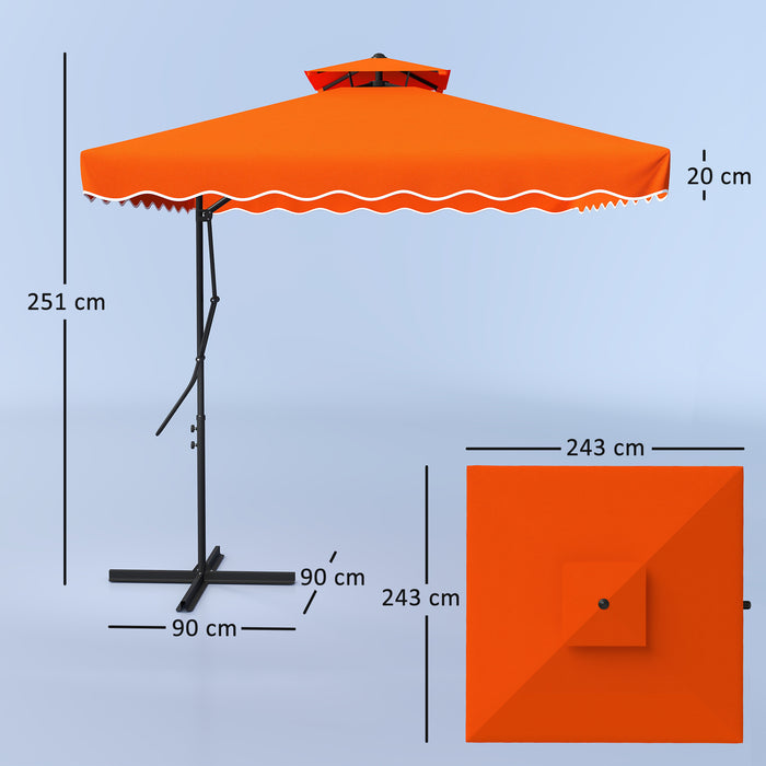 Outsunny 2.5m Cantilever Parasol with Easy Lever, Square Double Top Garden Parasol Umbrella with Ruffles and Cross Base, Overhanging Outdoor Sun Shades, Orange