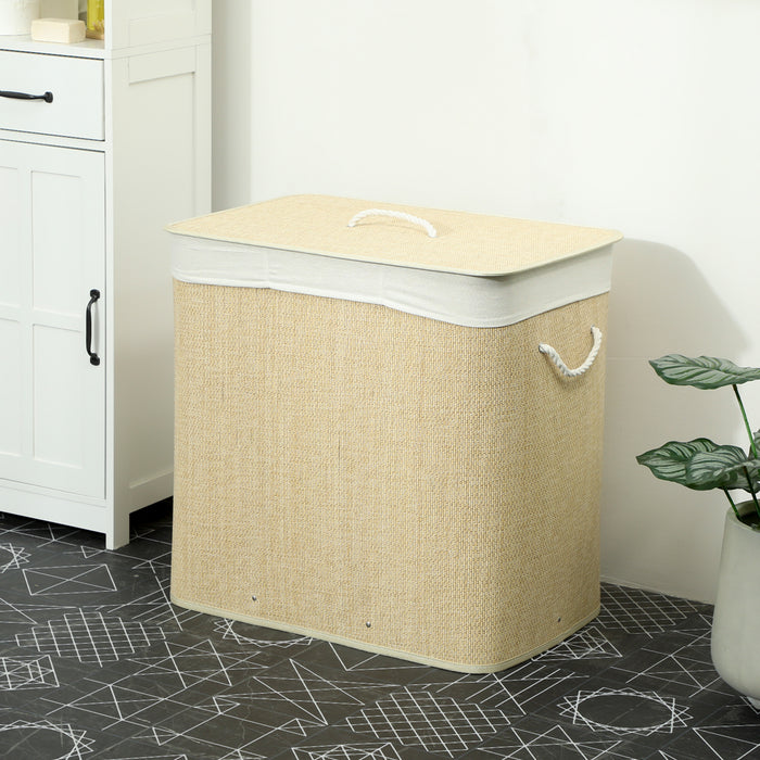 HOMCOM 3 Section Laundry Basket with Lid, 144L Bamboo Laundry Hamper with Handles, Removable and Washable Liner, Cream White