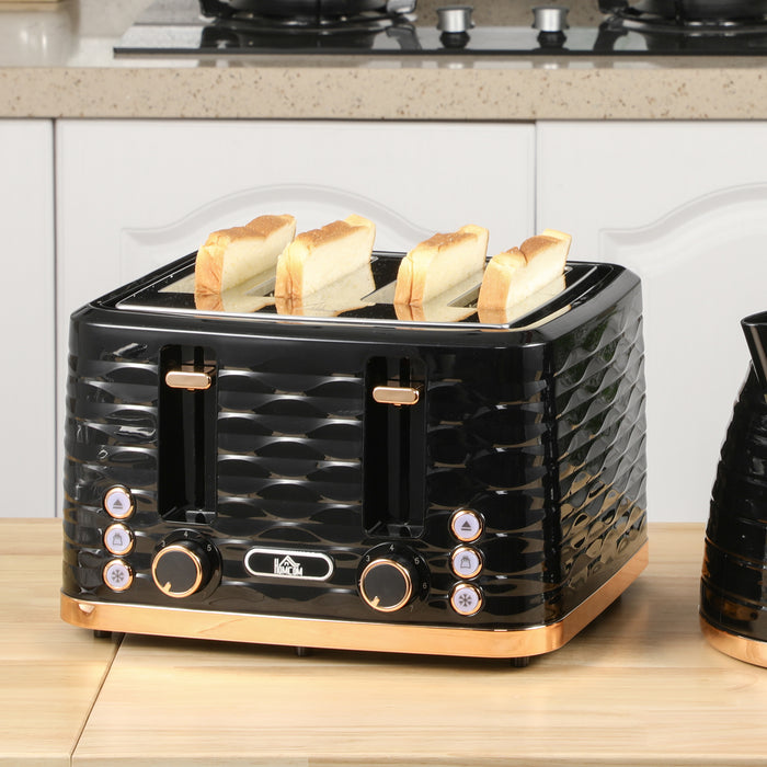 HOMCOM 4 Slice Toaster with 7 Browning Levels, High Lift, Reheat/Defrost/Cancel, Self-centring Function, Removable Crumb Tray, Auto Off, 1600W, Black Water Ripple Texture