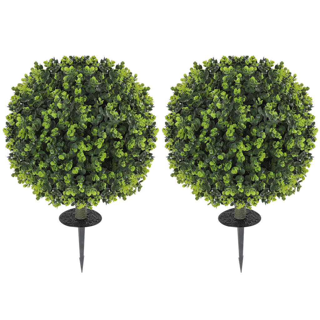 HOMCOM Set of 2 40 cm Artificial Boxwood Topiary Ball Bush with Integrated Ground Stake, Eucalyptus Leaves, Indoor Outdoor UV Resistant Faux Greenery, Faux Plants for Garden, Porch, Balcony