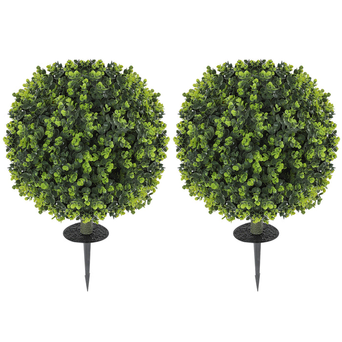HOMCOM Set of 2 40 cm Artificial Boxwood Topiary Ball Bush with Integrated Ground Stake, Eucalyptus Leaves, Indoor Outdoor UV Resistant Faux Greenery, Faux Plants for Garden, Porch, Balcony