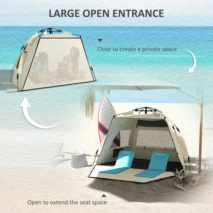 Pop-Up Beach Tent for 2-3 People - UPF 15+ Sun Protection, Extended Floor, Mesh Windows, Sandbag Anchors - Ideal for Sun Shelter and Outdoor Activities