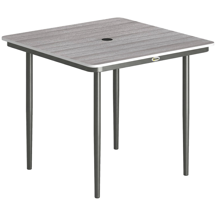 Outsunny Garden Dining Table for 4, 85 cm Square Outdoor Table with Umbrella Hole, Faux Wood Top, Metal Legs, Light Grey