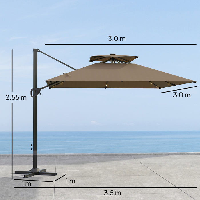 Outsunny 3.5x3 m Garden Cantilever Parasol with Solar LED Lights and Centre Light, Aluminium Large Square Patio Umbrella, UPF50+ Hanging Sun Shade with Cross Base, Crank Handle and Tilt, Khaki